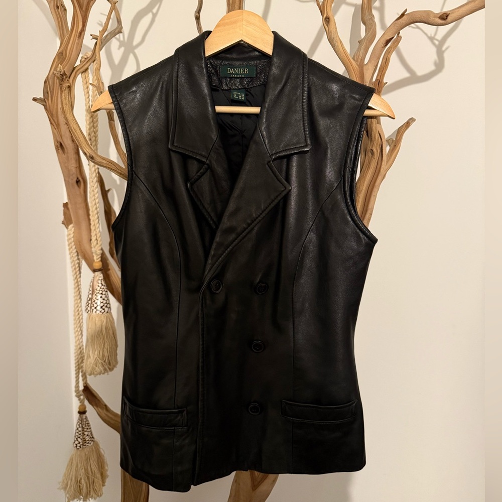 DANIER Vintage 100% Genuine Leather Sleeveless Black Jacket Vest Women XS